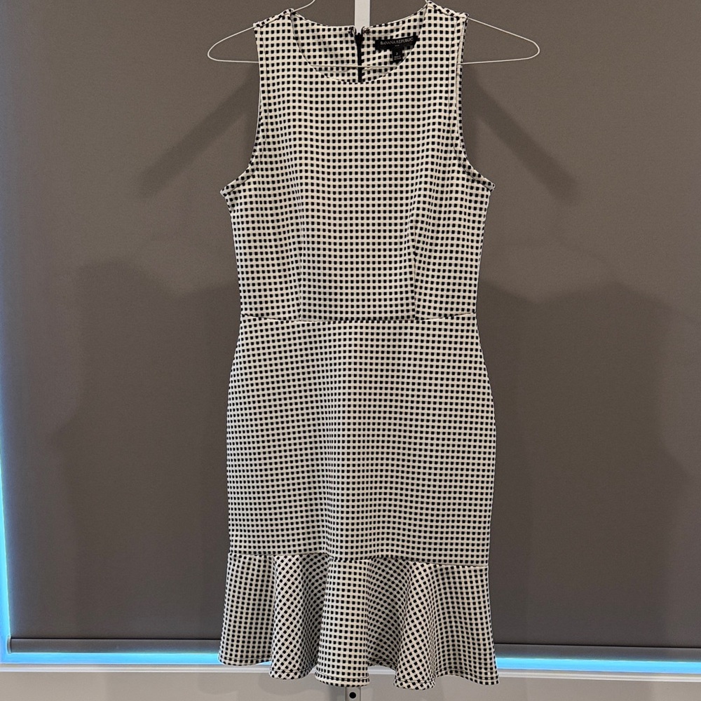 Banana Republic Black & White Check Midi Dress with Ruffle Hem